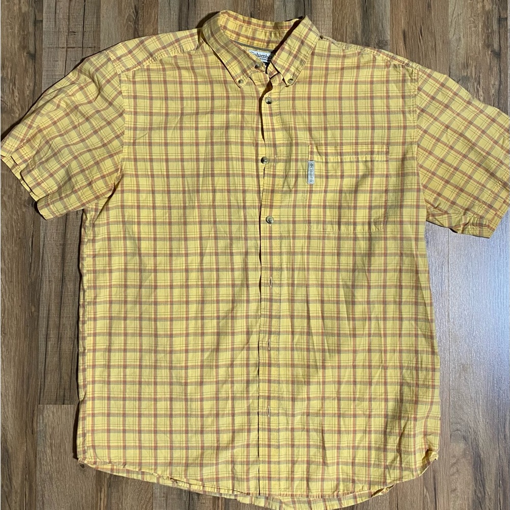 Vintage Columbia Yellow Checkered Button-Down Shirt Short Sleeve Mens Large